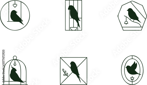 Tableau sur toile Birds in various cages and enclosures with different shapes and symbols  birds i