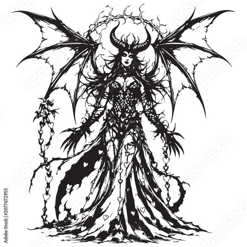 Schilderij op canvas Demonic queen with bat wings and halo with black and white