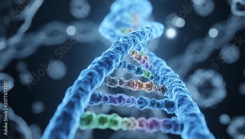 DNA double helix inside a transparent cellular environment, realistic genetic structures slowly rotating in synchronized motion