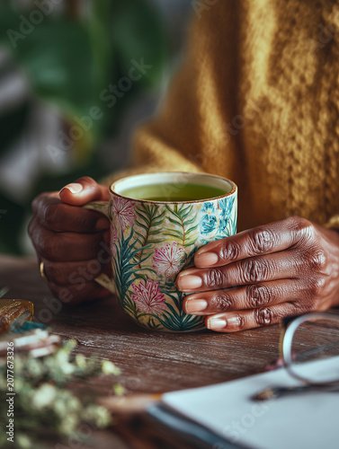 Hands holding tea cup at desk with papers and glasses