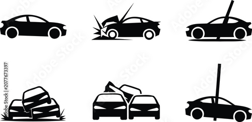 Cuadro en lienzo Various car accident scenes with damaged vehicles in different crash scenarios a