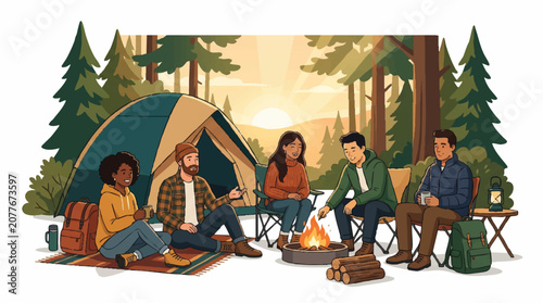 Foto Diverse Friends Camping Around a Campfire in the Forest at Sunset, Outdoor Adven