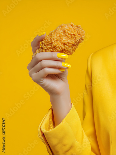 Hand with yellow manicure holding fried chicken