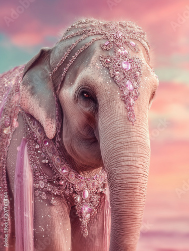 Elephant wearing jeweled dress on pastel background