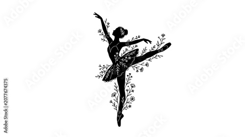 Obraz na płótnie Elegant Ballerina Silhouette with Floral Embellishments in Dynamic Pose