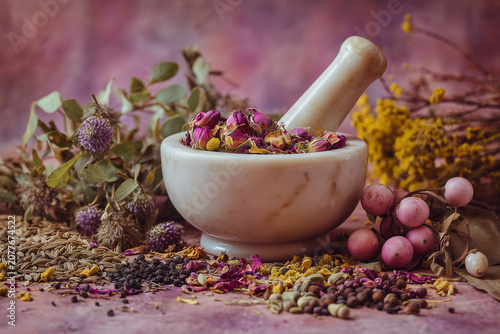 Dried rose petals leaves and berries scattered on ground