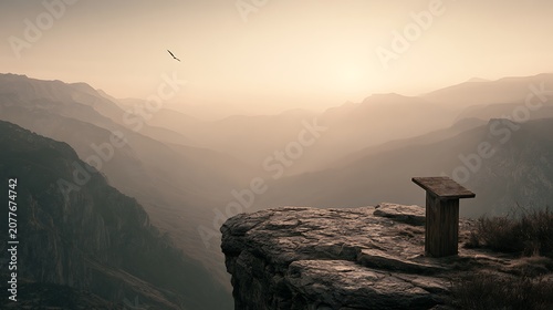 Wooden lectern on a mountain cliff overlooking a misty valley at sunset