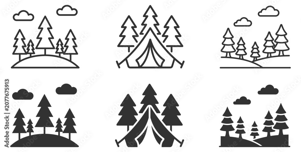 Fototapeta premium camping tent and pine trees line icon set in outline and solid styles on transparent background