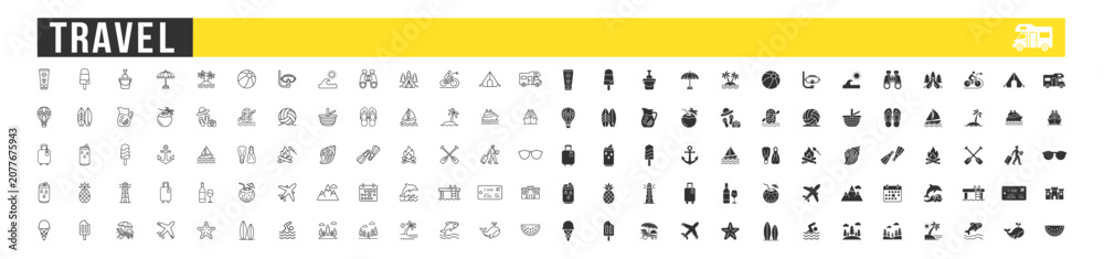 Fototapeta premium travel icons set vector collection with holiday and vacation symbols on transparent background