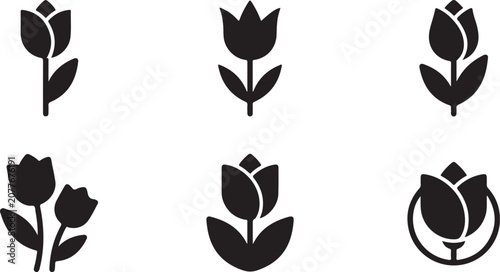 Obraz na plátně Black and white stylized tulip flower icons set with leaves Vector