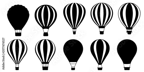 Bild auf Leinwand Aerostat, hot air balloon and dirigible glyph icon set, flying transportation ve
