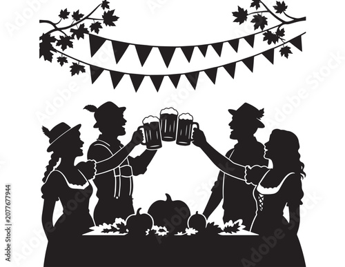 Oktoberfest celebration silhouette, traditional German beer festival, people toasting with steins, autumn harvest party vector illustration