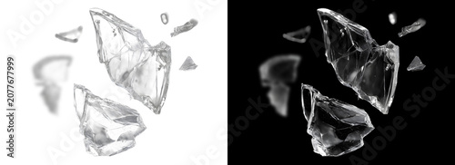 Dynamic explosion of shattered glass pieces isolated on transparent background cutout