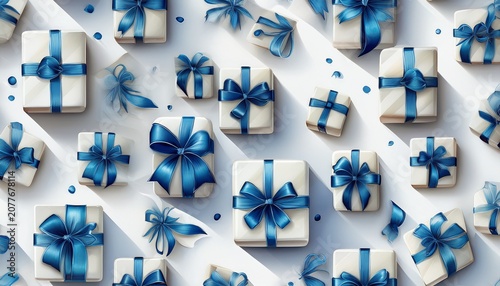White Gift Box With Blue Ribbon On White Background Isolated Seamless Pattern For Holiday Decor D