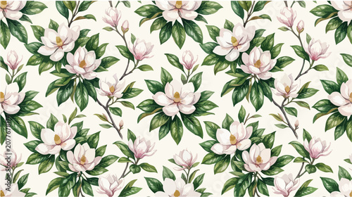Seamless Floral Pattern Featuring Elegant White Magnolia Blossoms and Lush Green Leaves in Watercolor Style