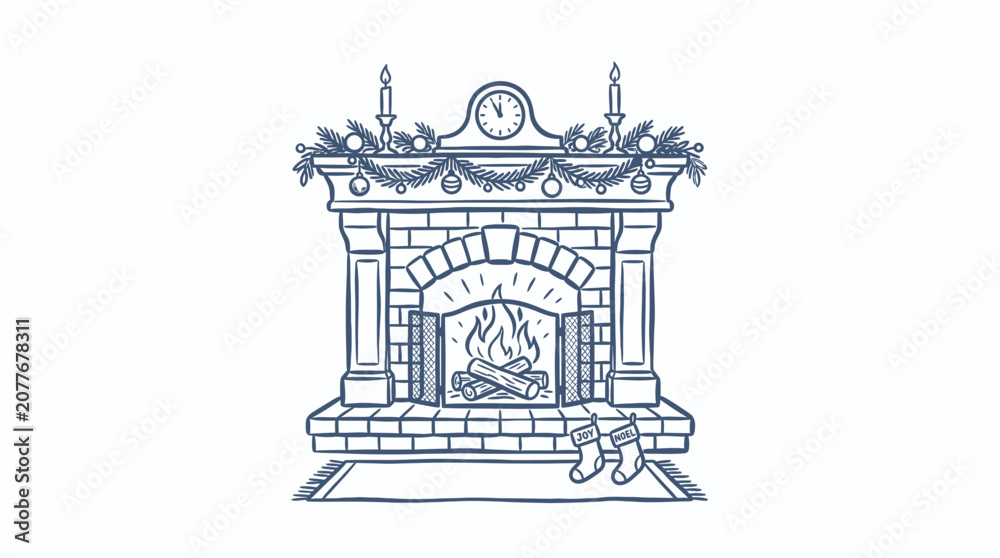Fototapeta premium Cozy Christmas Fireplace with Ornaments, Candles, and Stockings
