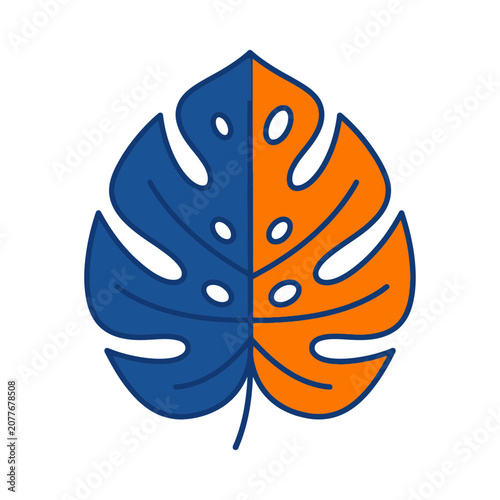Split Monstera Leaf Icon: Blue and Orange, Tropical Plant, Modern Design