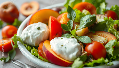 A summer salad with fresh burrata cheese and seasonal peaches. The salad has a lot of different ingredients, including tomatoes, oranges, and lettuce, blurry foreground. White tone