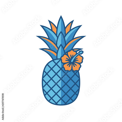 Stylized Blue Pineapple with Orange Hibiscus Flower, Tropical Fruit Icon