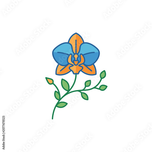 Stylized Blue and Orange Orchid Flower Icon with Green Stem and Leaves