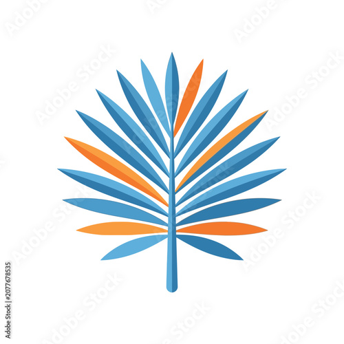 Stylized Palm Leaf Icon, Tropical Plant Vector Art, Blue and Orange