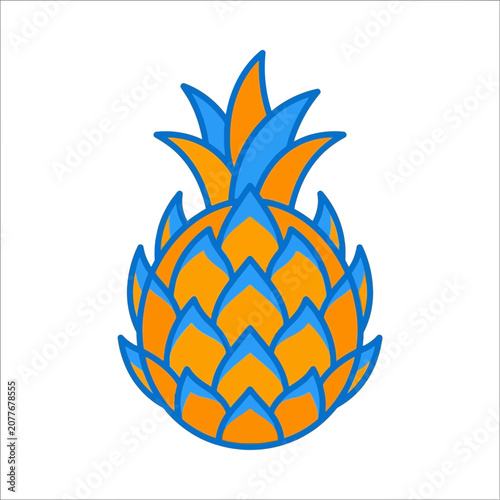 Stylized Pineapple Illustration with Orange and Blue Colors, Isolated on White