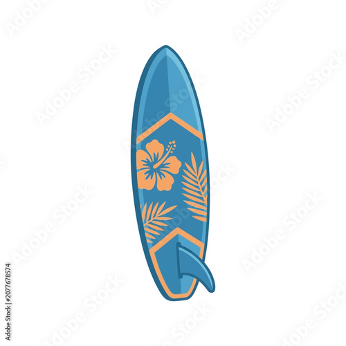 Surfboard with Tropical Flower and Palm Leaves - Vector Illustration