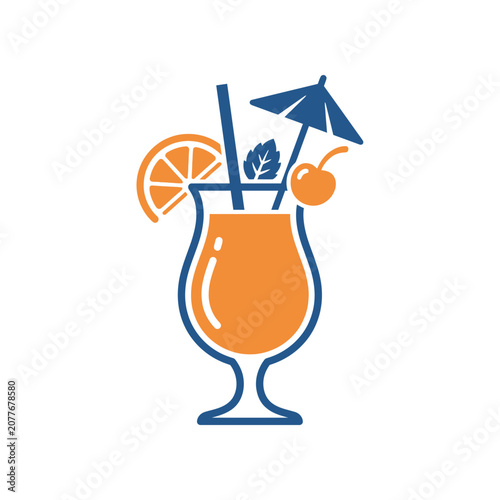 Summer Cocktail with Orange, Cherry, Umbrella, and Mint - Flat Icon
