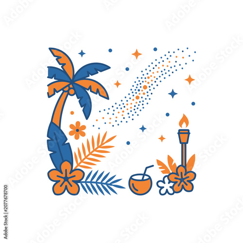 Tropical Paradise Summer Vacation Vibes with Palm Tree, Coconut Drink, and Torch
