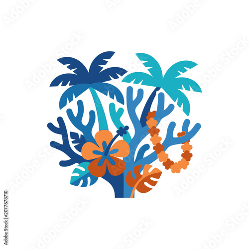 Tropical Paradise Icon: Palm Trees, Coral, Hibiscus Flower, and Lei