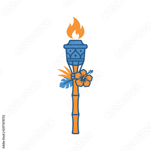 Tropical Tiki Torch with Hibiscus Flower and Bamboo - Vector Illustration