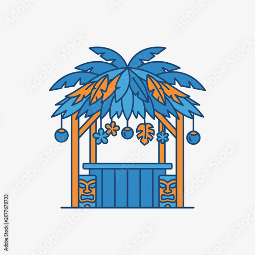 Tropical Tiki Bar Hut with Palm Leaves and Tiki Masks