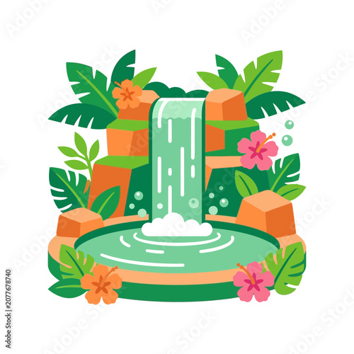 Tropical Waterfall Oasis with Lush Foliage and Hibiscus Flowers