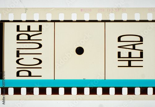 Vintage 35mm motion picture film leader strip featuring 