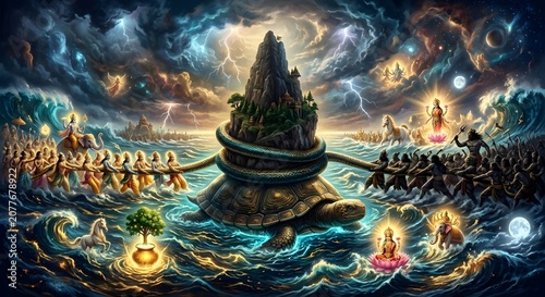 Samudra Manthan Churning Of Milk Ocean Hindu Mythology Digital Painting