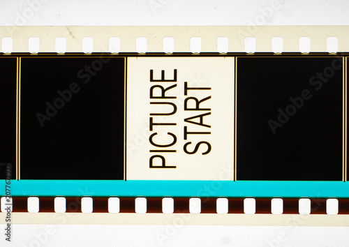 Vintage 35mm motion picture film leader strip featuring 