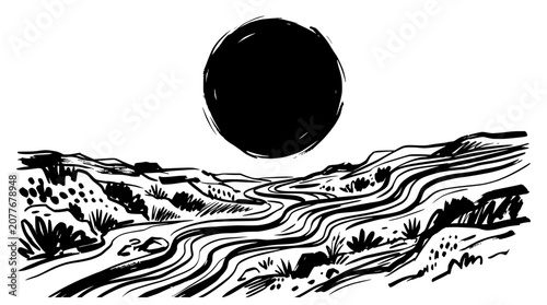 Fotografía Abstract Black Sun Over Winding River Landscape Drawing