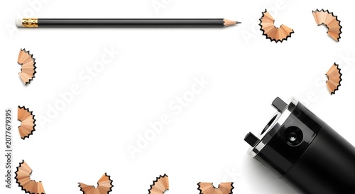 Minimalist black pencil and electric sharpener frame with wooden shavings on white background for professional education and creative design copy space