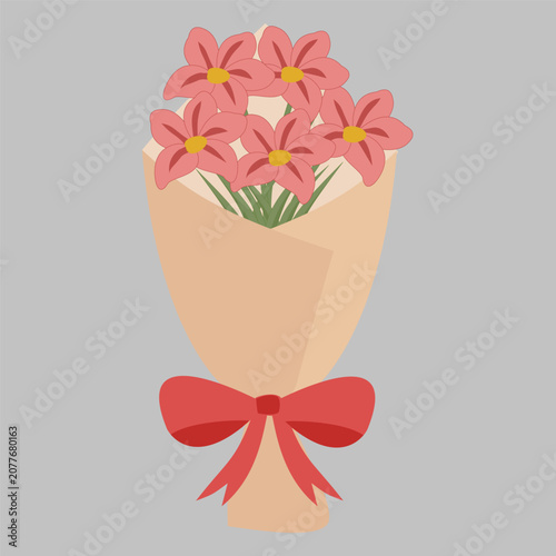 Pink Flower Bouquet Wrapped with Ribbon Illustration