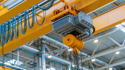 A close-up of bridge crane blocks against the background of production hall beams — about lifting and moving cargo, warehouse logistics, and heavy equipment.