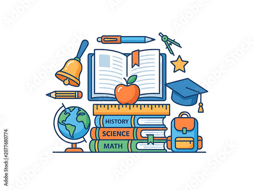 Educational Concept Illustration with School Supplies and Book Stack