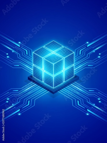 An isometric high-tech digital illustration of a glowing data cube on a circuit board background