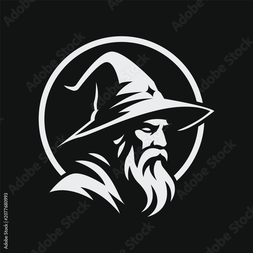 Wizard Logo Template, Bearded Sorcerer or Magician Vector Character Mascot