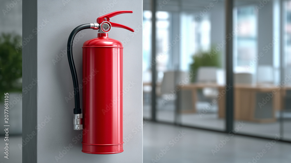 Fototapeta premium Red fire extinguisher mounted on office wall in modern workplace. Fire protection equipment, emergency preparedness, occupational safety, building security and compliance concept.