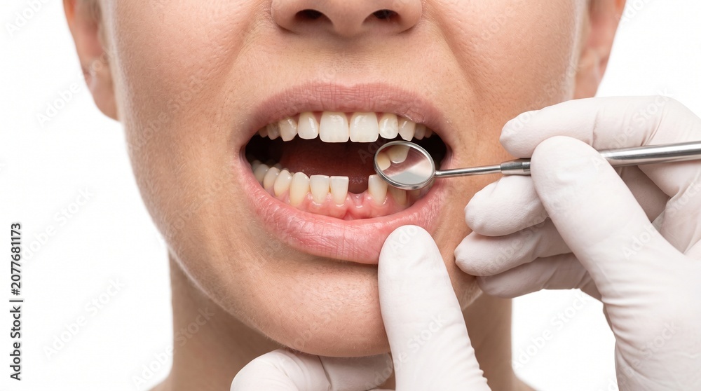 Fototapeta premium Close Up Dental Implant Consultation for Missing Tooth on White Background