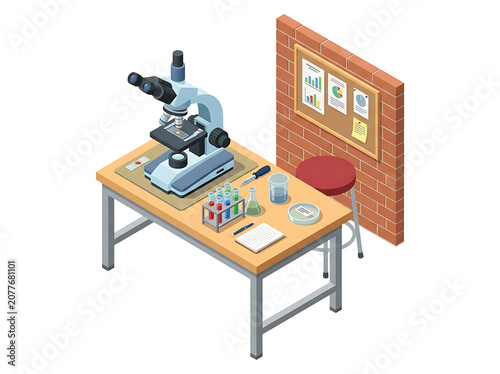 Isometric Science Laboratory Workspace with Microscope and Glassware