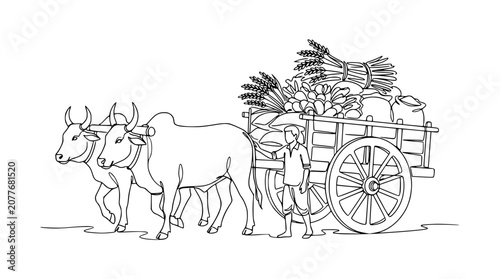 Obraz na plátne Oxen cart carrying harvest, farmer guiding rural transportation, traditional agr