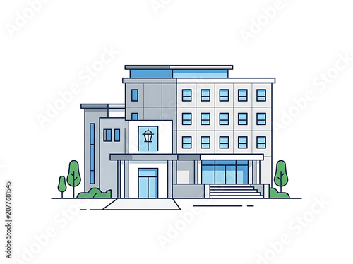 Modern Corporate Office Building Illustration in Flat Line Art Style