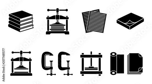Tableau sur toile Bookbinding Tools Vector Icons: Presses, Clamps, Stacked Paper, and Rolls for Pr