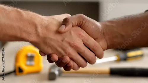 Close up of two diverse construction workers shaking hands over a workshop table with various professional hand tools during a home renovation project